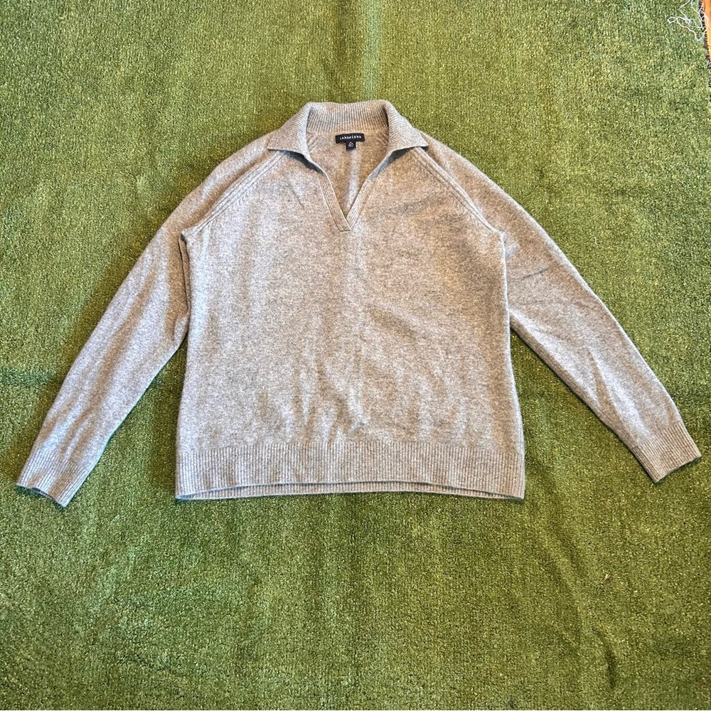 Lands End Grey Cashmere Johnny Collar Sweater